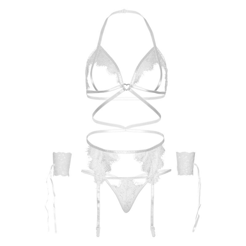 LEG AVENUE SET CUATRO PIEZAS SUJETADOR, LIGUERO, TANGA Y PUÑOS TALLA UNICA - NEGRO - immagine 5