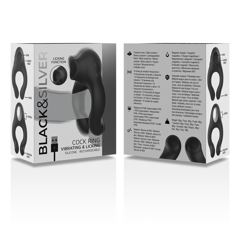 BLACK&SILVER - ANELLO VIBRATORE IN SILICONE 3 MOTORI RICARICABILE NERO - immagine 5