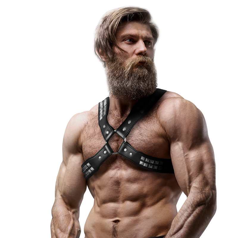 FETISH SUBMISSIVE ATTITUDE - IMBRACATURA IN ECOPELLE CON PETTO INCROCIATO DA UOMO CON RIVETTI - immagine 4