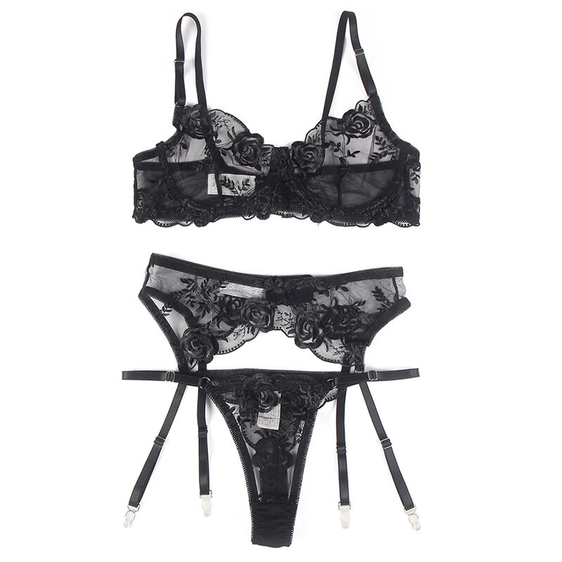 SUBBLIME - SET DE 3 PIEZAS SUJETADOR + TANGA + LIGA ESTAMPADO FLORAL NEGRO S/M - immagine 14