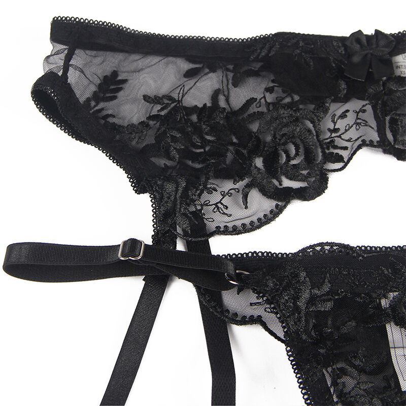 SUBBLIME - SET DE 3 PIEZAS SUJETADOR + TANGA + LIGA ESTAMPADO FLORAL NEGRO S/M - immagine 2