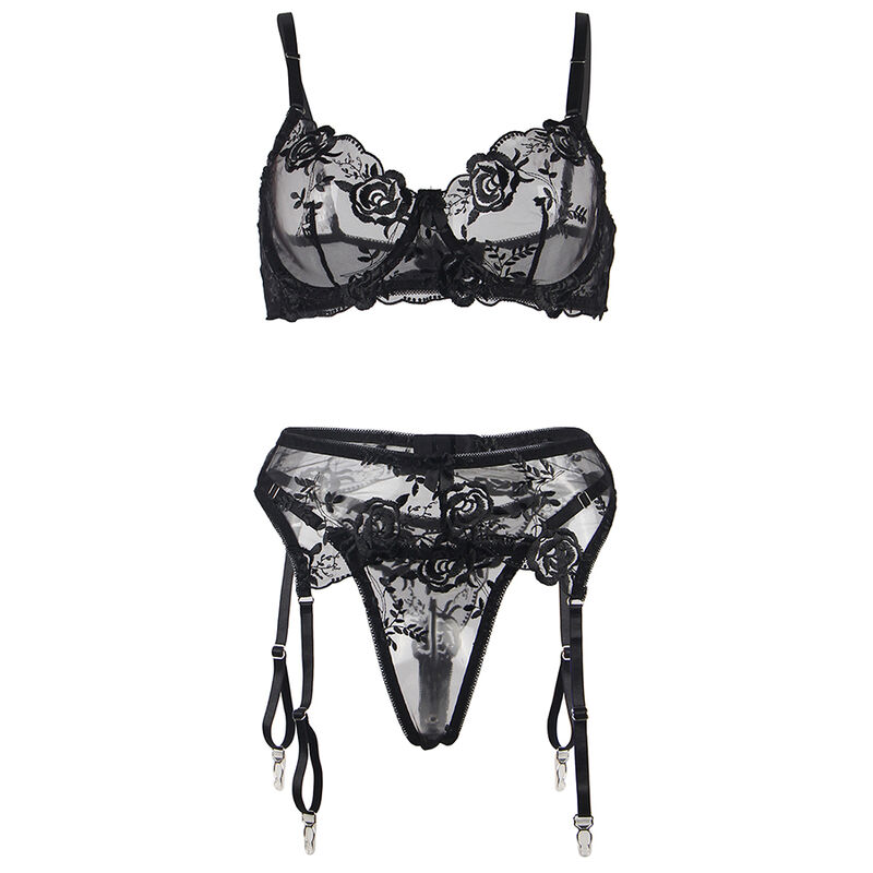 SUBBLIME - SET DE 3 PIEZAS SUJETADOR + TANGA + LIGA ESTAMPADO FLORAL NEGRO S/M - immagine 15