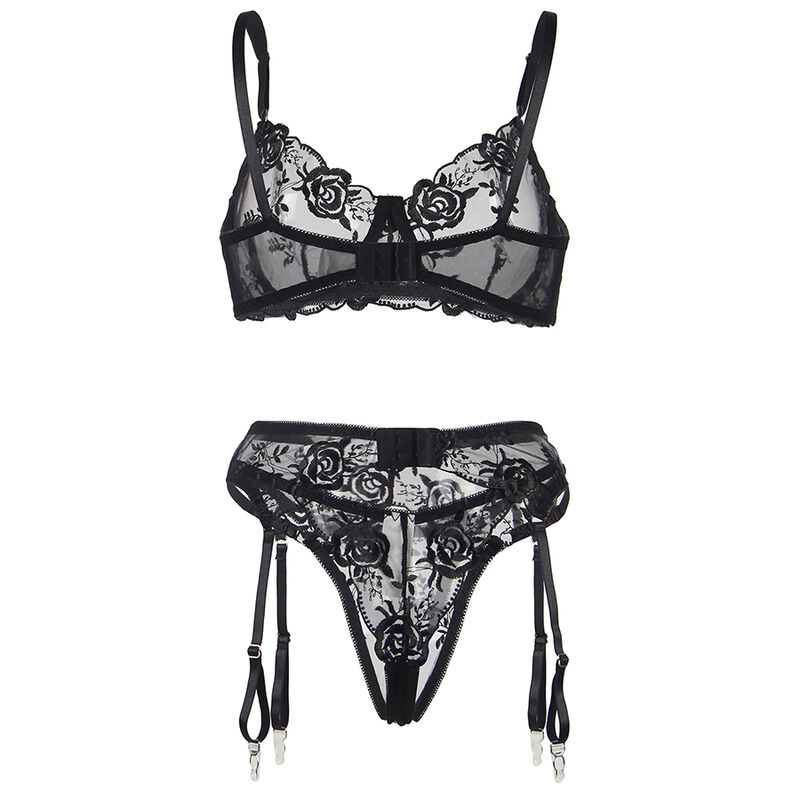 SUBBLIME - SET DE 3 PIEZAS SUJETADOR + TANGA + LIGA ESTAMPADO FLORAL NEGRO S/M - immagine 12