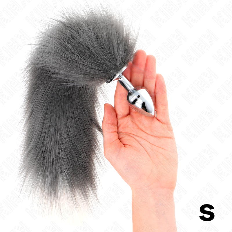 KINK – PLUG ANALE TAGLIA S 7 X 3 CM CON CODA SINTETICA 40 CM GRIGIO E BIANCO