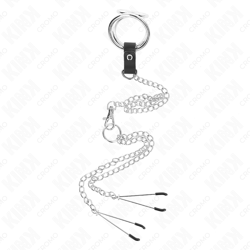KINK - ANELLO PER PENE IN METALLO CROMATO TRIPLO DA 3 CM A 4,5 CM CON CATENA IN METALLO DA 26 CM E CLIP PER CAPEZZOLI - immagine 2