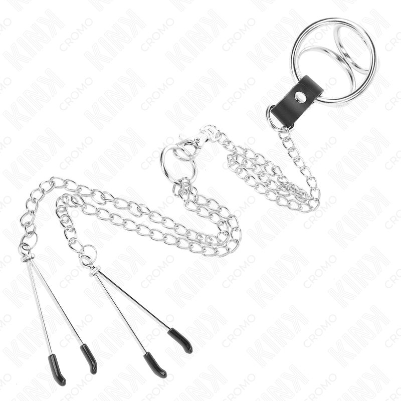 KINK - ANELLO PER PENE IN METALLO CROMATO TRIPLO DA 3 CM A 4,5 CM CON CATENA IN METALLO DA 26 CM E CLIP PER CAPEZZOLI - immagine 3