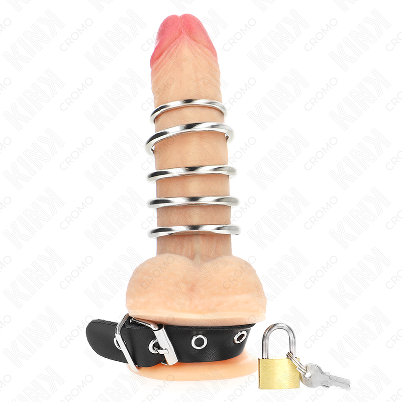 KINK - ANELLO PER PENE IN PELLE CON CINGHIA DI BLOCCAGGIO 21 X 2 CM E 5 ANELLI IN METALLO DA 3 CM A 4 CM - immagine 3