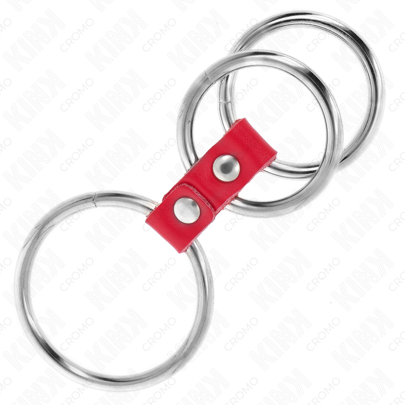 KINK - ANELLO PER PENE IN TRIPLO METALLO DA 3,7 CM A 5 CM COLLEGATO CON PELLE ROSSA - immagine 2