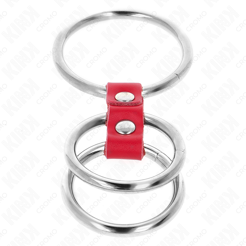 KINK - ANELLO PER PENE IN TRIPLO METALLO DA 3,7 CM A 5 CM COLLEGATO CON PELLE ROSSA - immagine 3