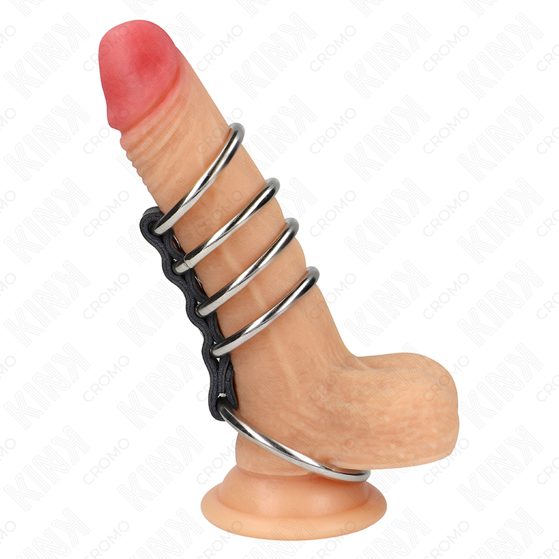 KINK - 5 ANELLI PER PENE DA 3,7 CM A 5 CM METALLO COLLEGATI DA PELLE - immagine 3