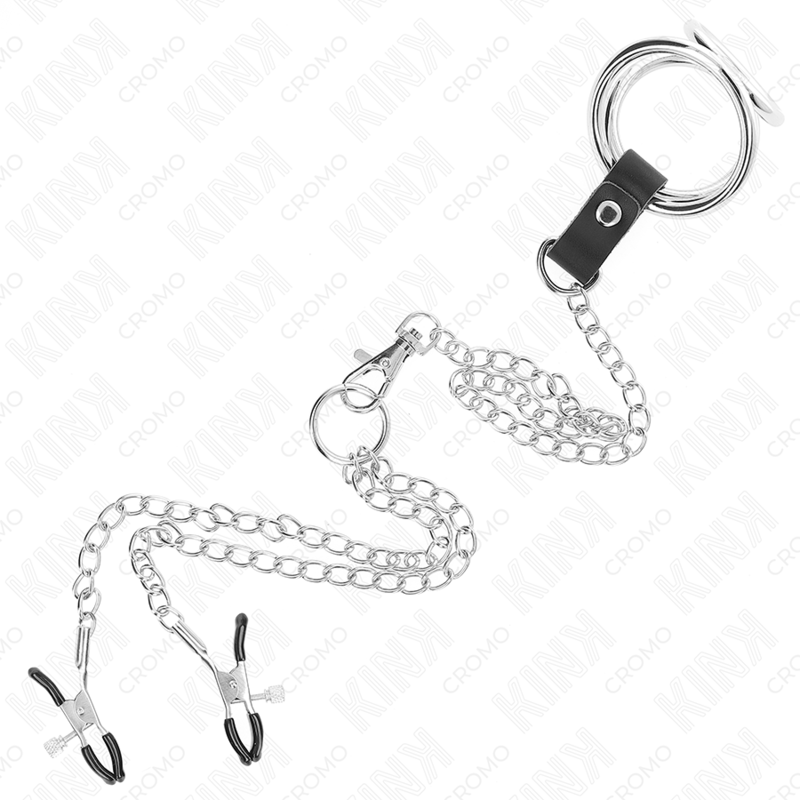 KINK - ANELLO PER PENE IN METALLO CROMATO TRIPLO DA 3 CM A 4,5 CM CON CATENA IN METALLO DA 26 CM E CLIP PER CAPEZZOLI - immagine 4