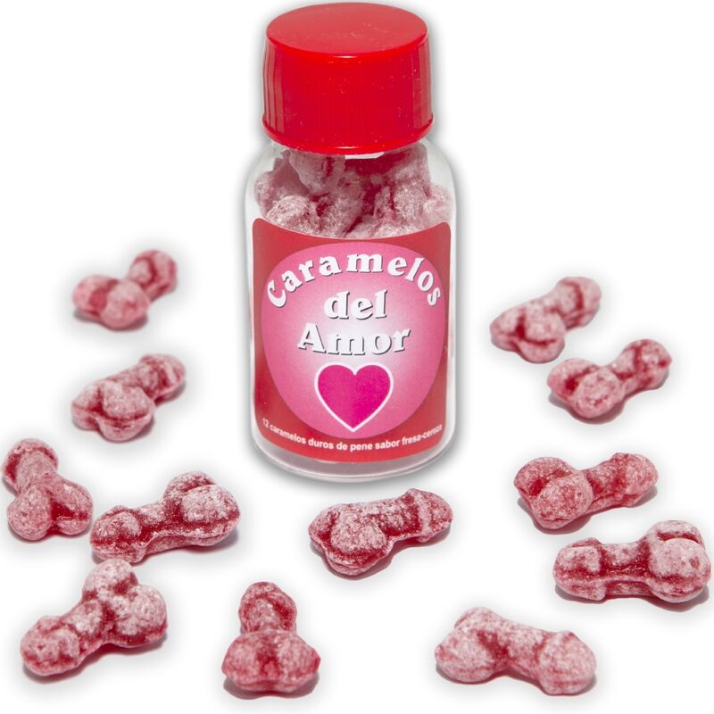 DIABLO PICANTE – 12 CARAMELLE DAMORE A FORMA DI PENE FRAGOLA/CILIEGIA