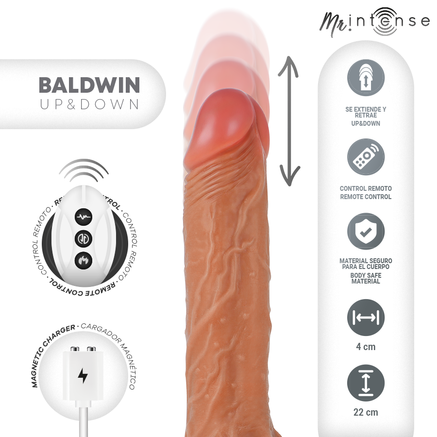 MR INTENSE - BALDWIN REALISTICO MULTIFUNZIONALE CON VIBRAZIONE, SU E GIÙ TELECOMANDO, 22 CM - OPPURE - 4 CM - immagine 3