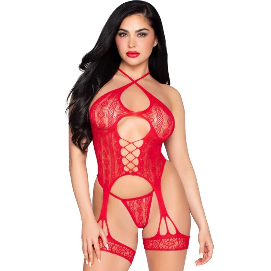 LEG AVENUE – 89338 BODY APERTO IN PIZZO CON CINTURINO E PERIZOMA ROSSO – TAGLIA UNICA