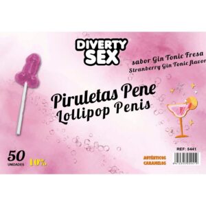 DIABLO GOLOSO – 50 LECCA-LECCA A FORMA DI PENE GIN TONIC GUSTO FRAGOLA 10% ALCOOL