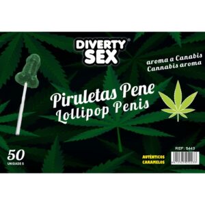 DIABLO GOLOSO – 50 LECCA-LECCA A FORMA DI PENE AROMA DI CANNABIS