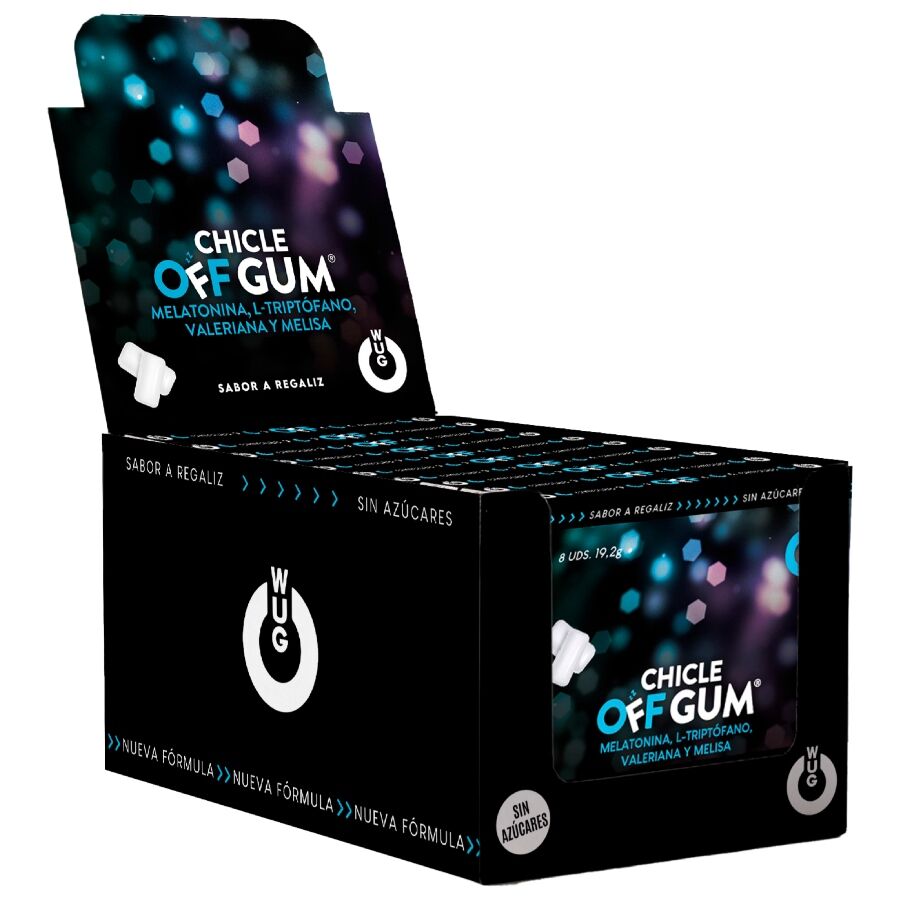 WUG GUM – OFF SENZA VALERIANA, TRIPTOFANO, MELISSA E MELATONINA | ESPOSITORE 12 X 8 UNITÀ