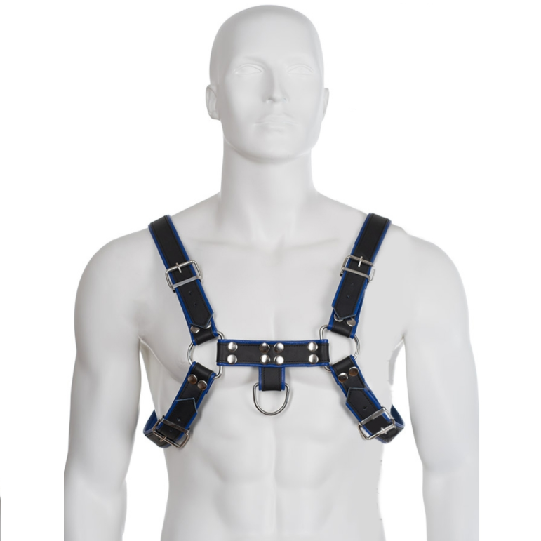 LEATHER BODY – IMBRACATURA IN PELLE BLU E NERA PER BULLDOG